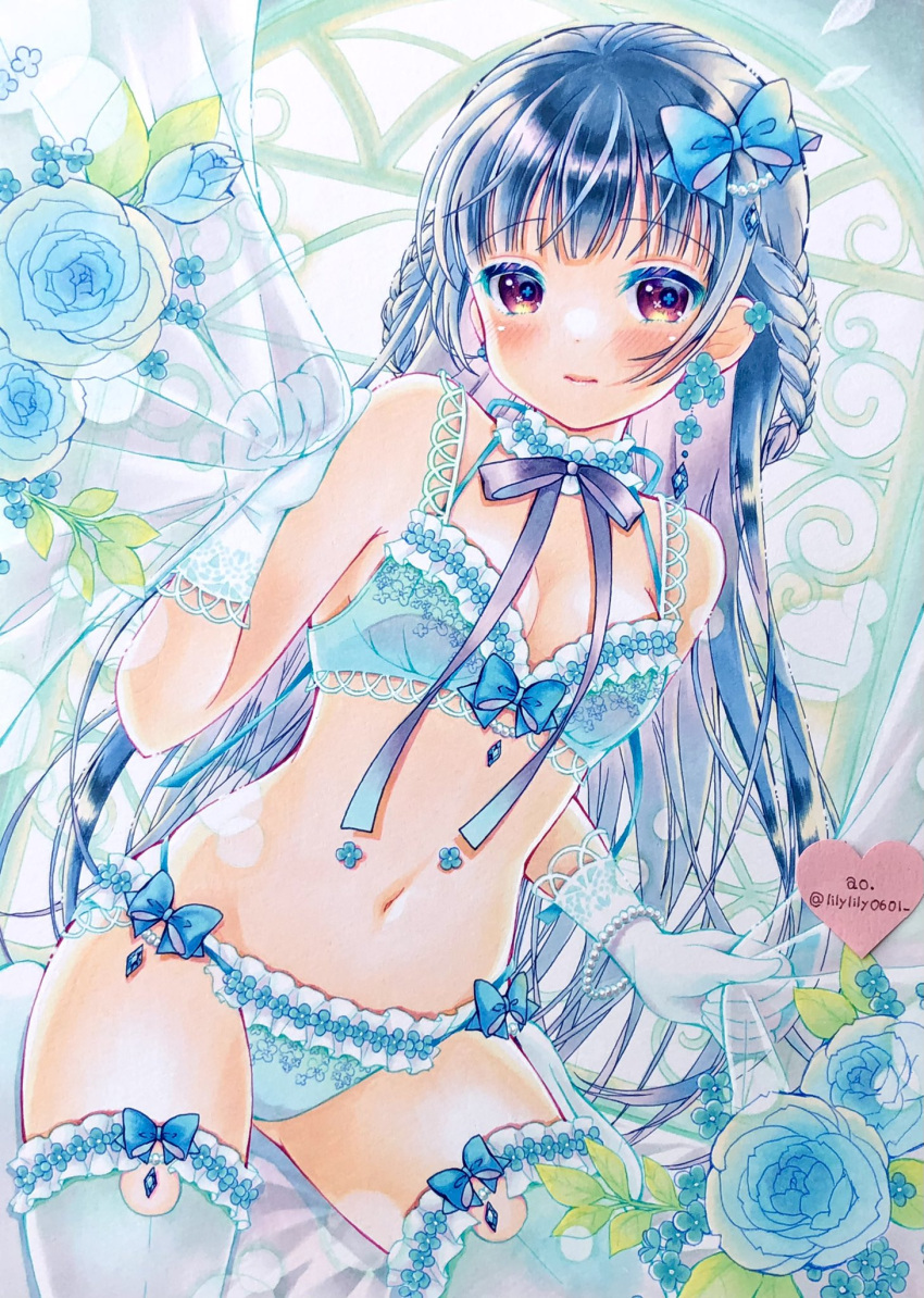 1girl aqua_bra aqua_gloves aqua_panties aqua_rose aqua_theme aqua_thighhighs artist_name blue_bow blue_hair bow bow_bra bow_legwear bow_panties bra bracelet braid breasts brown_eyes choker closed_mouth commentary_request cowboy_shot curtains earrings flower flower_earrings frilled_bra frilled_choker frilled_panties frilled_thighhighs frills frown gloves hair_bow highres jewelry lace-trimmed_bra lace_trim lilylily0601 lingerie long_hair looking_at_viewer marker_(medium) navel original panties rose small_breasts solo standing thighhighs traditional_media twitter_username underwear underwear_only very_long_hair window