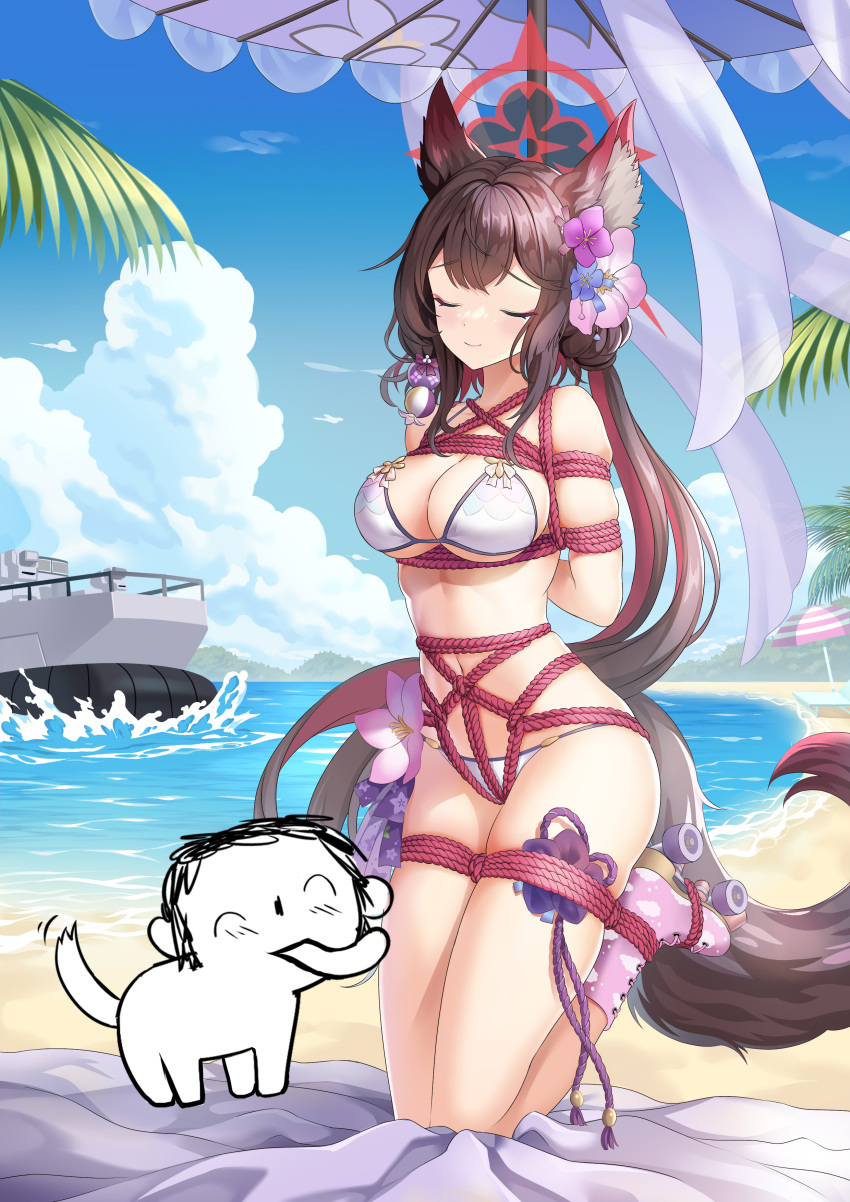 1boy 1girl :d absurdres animal_ear_fluff animal_ears animalization beach bikini black_hair black_pants blue_archive blurry boat bound breasts cleavage closed_eyes colored_inner_hair commentary_request depth_of_field dog doodle_sensei_(blue_archive) ean eyeshadow flower fox_ears fox_girl fox_tail hair_between_eyes hair_bun hair_flower hair_ornament halo highres kneeling licking long_hair looking_at_another looking_at_viewer makeup mountainous_horizon multicolored_hair navel official_alternate_costume official_alternate_hairstyle okazakileo one_side_up outdoors pants print_bikini red_eyeshadow restrained roller_skates sensei_(blue_archive) shibari sidelocks single_hair_bun skates smile stomach swimsuit tail tied_up_(nonsexual) two-tone_hair wakamo_(blue_archive) wakamo_(swimsuit)_(blue_archive) watercraft waving white_bikini