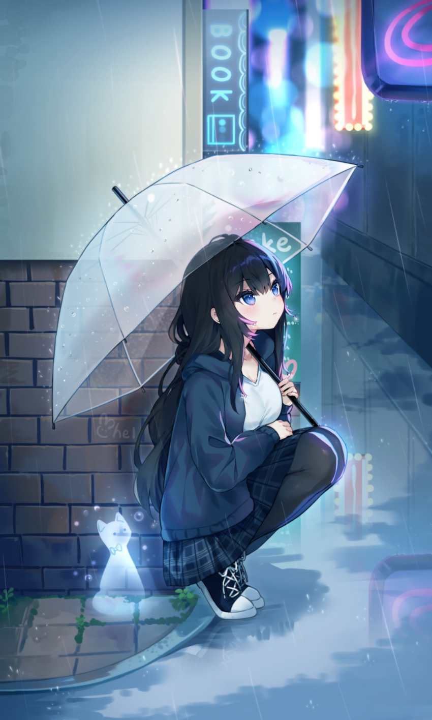 1girl black_footwear black_hair black_jacket black_pantyhose black_skirt blue_eyes breasts brick_wall cat cheli_(kso1564) cleavage collarbone commentary_request ghost hair_between_eyes highres holding holding_umbrella hood hood_down hooded_jacket jacket knees_up long_hair long_sleeves medium_breasts neon_trim open_clothes open_jacket original pantyhose pleated_skirt puddle puffy_long_sleeves puffy_sleeves rain reflection shirt shoes skirt sleeves_past_wrists solo tiptoes transparent transparent_umbrella umbrella very_long_hair water white_shirt