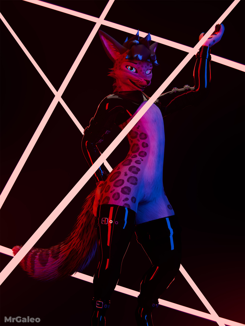 3d_(artwork) andromorph andromorph/male anthro arm_warmers armwear blender_(software) blender_cycles clothed clothing digital_media_(artwork) elbow_gloves felid fur genitals gloves hair handwear hi_res intersex intersex/male latex led_light legwear leopard lights looking_at_viewer male mammal markings mrgaleo nude open_mouth pantherine pussy rexouium simple_background smile snow_leopard solo spots spotted_body spotted_fur stockings tail teasing thigh_highs warmers