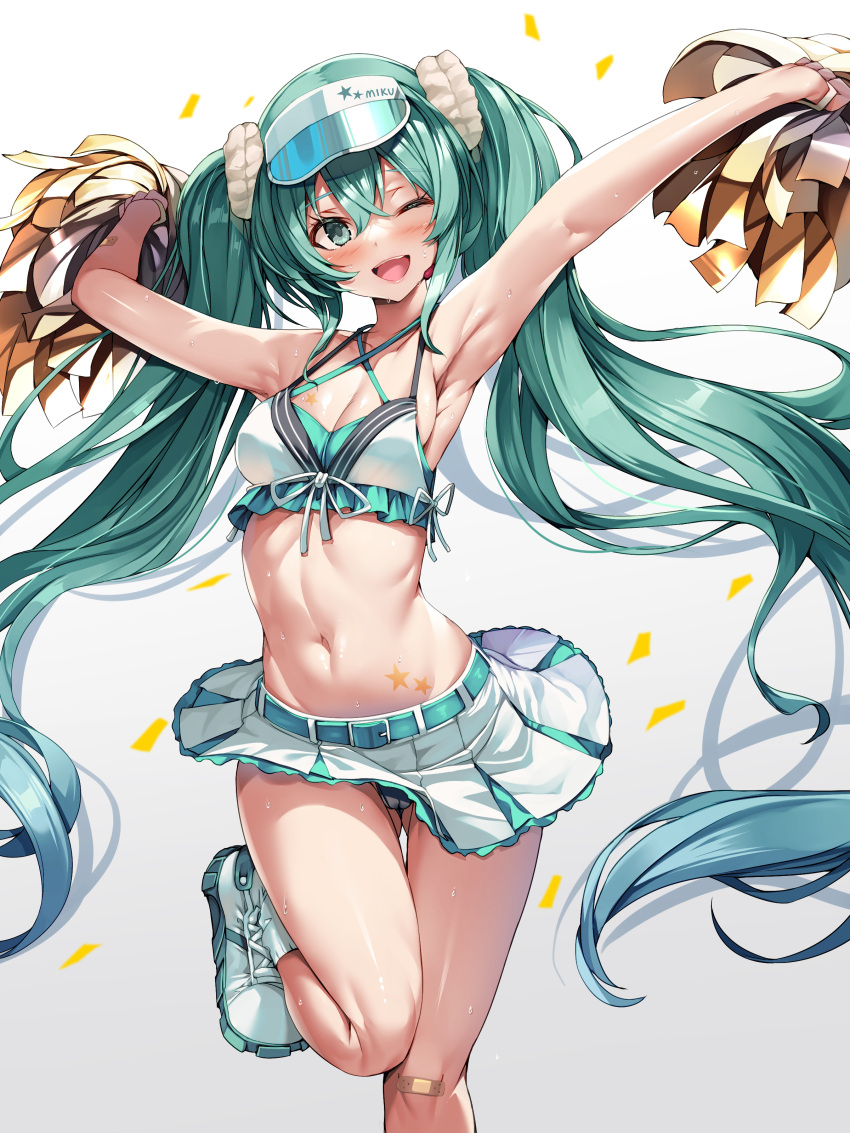1girl ;d absurdly_long_hair absurdres aqua_eyes aqua_hair armpits arms_up ass_visible_through_thighs bandaid bandaid_on_knee bandaid_on_leg belt blush breasts cheerleader cleavage commentary_request gradient_background groin hair_between_eyes hair_ornament hair_scrunchie hatsune_miku highres holding holding_pom_poms leg_up long_hair looking_at_viewer navel one_eye_closed panties pom_pom_(cheerleading) scrunchie simple_background skirt small_breasts smile solo standing star_tattoo striped_clothes striped_panties tattoo torisan twintails underwear very_long_hair visor_cap vocaloid white_panties white_skirt