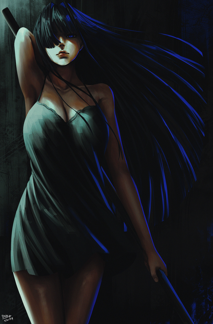 1girl artist_name black_hair black_nightgown blue_eyes blue_hair breasts dated glowing glowing_eyes hair_over_one_eye highres holding holding_staff holocouncil hololive hololive_english large_breasts lingerie lips long_hair multicolored_hair nightgown ouro_kronii parted_lips red_lips staff steb streaked_hair underwear very_long_hair virtual_youtuber