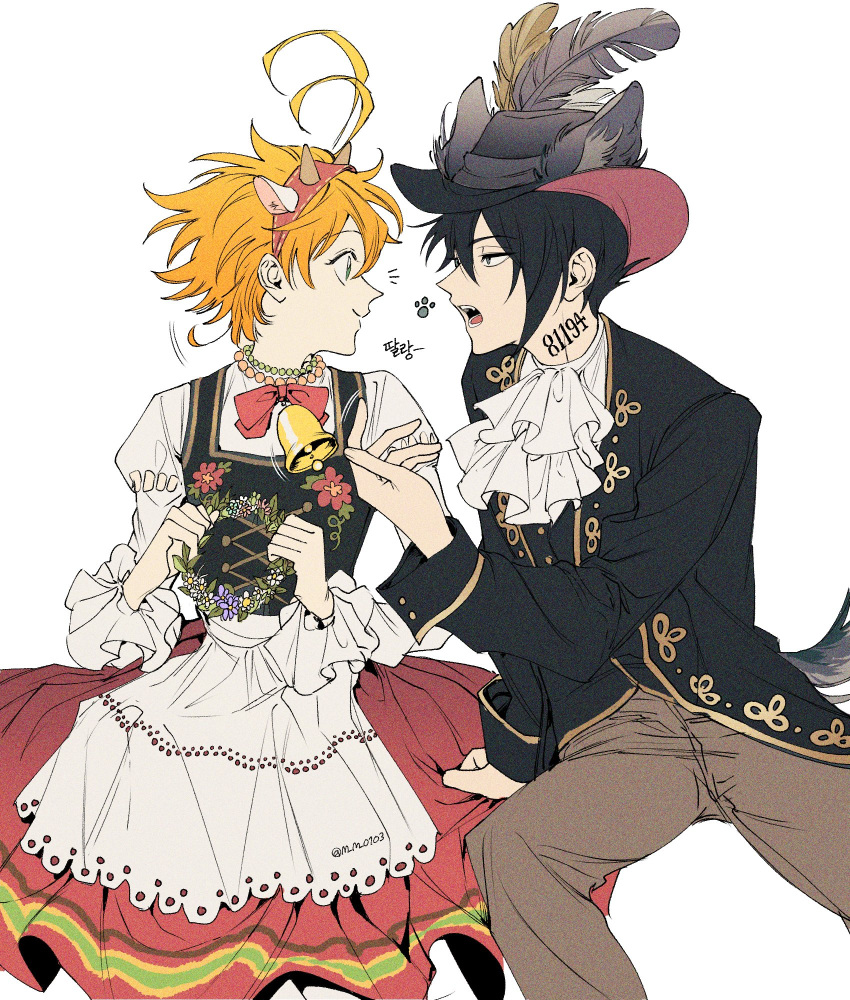 1boy 1girl animal_ears antenna_hair ascot bell black_hair black_headwear brown_pants dress emma_(yakusoku_no_neverland) fedora hat hat_ornament highres long_sleeves m_m_pb number_tattoo open_mouth orange_hair pants ray_(yakusoku_no_neverland) red_ribbon ribbon short_hair tail tattoo white_ascot yakusoku_no_neverland