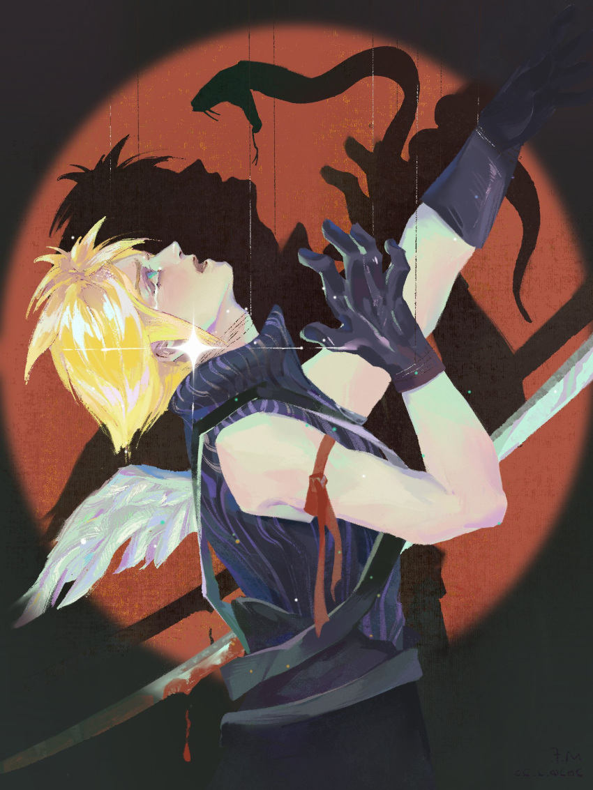 1boy arashishadow15 arm_ribbon arm_up bdsm blonde_hair blood blood_on_weapon blue_eyes blue_sweater bondage bound cloud_strife commentary crying crying_with_eyes_open different_shadow drop_shadow fangs feathered_wings final_fantasy final_fantasy_vii final_fantasy_vii_advent_children hands_up hashtag_only_commentary highres injury katana looking_up male_focus open_mouth puppet_strings red_ribbon ribbon scared short_hair shoulder_strap single_wing sleeveless sleeveless_turtleneck snake sparkle spiked_hair spotlight stab string sweater sword tears turtleneck upper_body weapon white_wings wings