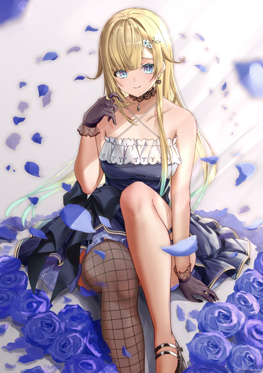 1girl absurdres aizawa_ema aizawa_ema_(1st_costume) aqua_hair bare_shoulders black_choker black_footwear black_gloves blonde_hair blue_dress blue_eyes blue_flower blue_rose choker collarbone criss-cross_halter dress earrings fishnet_thighhighs fishnets flower frilled_dress frills gloves hair_flower hair_ornament hairclip halterneck highres jewelry k/o_(user_thvt7788) lace-trimmed_choker lace_trim light_rays long_hair looking_at_viewer mary_janes multicolored_hair petals playing_with_own_hair pleated_dress rose shoes sidelocks simple_background single_bare_leg sitting sleeveless sleeveless_dress smile sunbeam sunlight thigh_strap thighhighs two-tone_hair virtual_youtuber vspo!