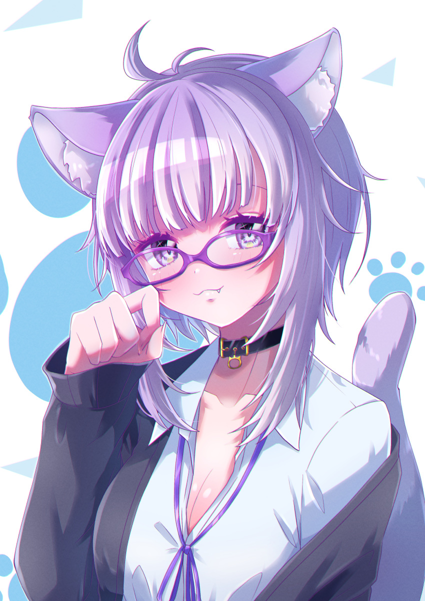 1girl :3 absurdres ahoge animal_ears black_collar black_jacket blush breasts cat_ears cat_girl cat_tail cleavage collar fang glasses highres hololive jacket koume_paint large_breasts looking_at_viewer medium_hair naked_shirt nekomata_okayu nekomata_okayu_(oversized_shirt) official_alternate_costume paw_pose purple-framed_eyewear purple_eyes purple_hair shirt smile tail virtual_youtuber white_shirt