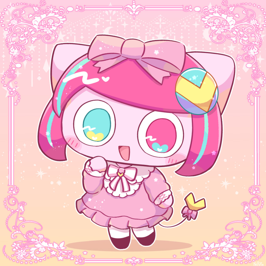 1girl aqua_eyes aqua_hair black_socks chibi chibi_only collar colored_skin dress frilled_collar frilled_dress frilled_sleeves frills hair_ribbon hairpods heterochromia highres long_sleeves multicolored_hair no_eyebrows open_mouth pepoyo pink_dress pink_eyes pink_hair pink_ribbon pink_skin poyoroid ribbon short_hair smile socks solo standing streaked_hair swept_bangs utau yellow_tail