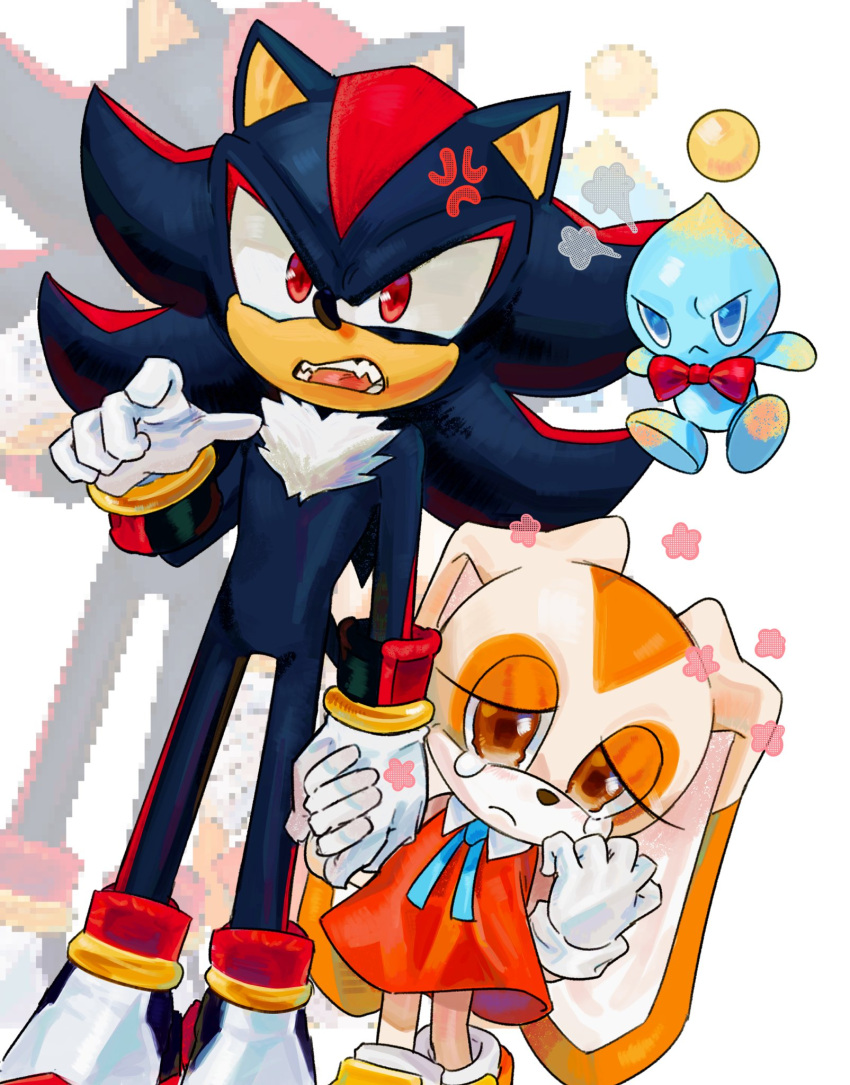1boy 1girl anger_vein blue_eyes chao_(sonic) commentary cream_the_rabbit crying english_commentary floating furry furry_male glaring height_difference highres holding_hands n_jiujiu99 orange_eyes pixelated pointing rabbit red_eyes shadow_the_hedgehog simple_background sonic_(series) white_background