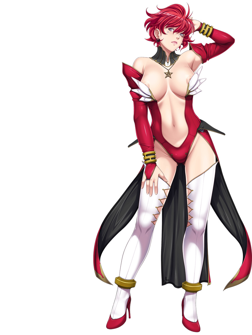 1girl areola_slip areolae arm_behind_head breasts breasts_apart bridal_gauntlets center_opening cleavage closed_game contrapposto detached_collar detached_sleeves empress empress_(studio) eyelashes eyeshadow facial_tattoo fingernails hand_on_thigh high_heels highres hips large_breasts leotard lips lipstick looking_at_viewer makeup mature michiko_verxina milf mother navel nipple_slip nipples pendant pentagram pink_lips pink_lipstick red_hair revealing_clothes sei_shoujo short_hair simple_background solo standing star star_tattoo stiletto_heels tattoo thick_lips thighhighs thighs transparent_background