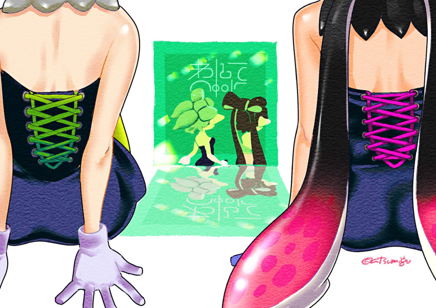 2girls ass bare_arms bare_shoulders black_dress black_hair black_jumpsuit bow-shaped_hair callie_(splatoon) detached_collar dress flipped_hair food food_on_head gloves gradient_hair grey_hair head_out_of_frame highres jumpsuit long_hair marie_(splatoon) mimimimiguchan multicolored_hair multiple_girls object_on_head short_dress short_ponytail sitting splatoon_(series) strapless strapless_dress twintails white_gloves