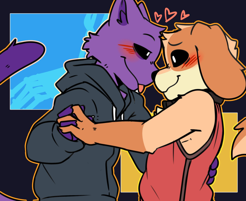 &lt;3 anthro blush canid canine canis catnap_(poppy_playtime) clothing dogday_(poppy_playtime) domestic_cat domestic_dog duo eye_contact felid feline felis hand_holding hand_on_back hi_res hoodie looking_at_another male male/male mammal poppy_playtime saku1saya smile smiling_critters tongue tongue_out topwear