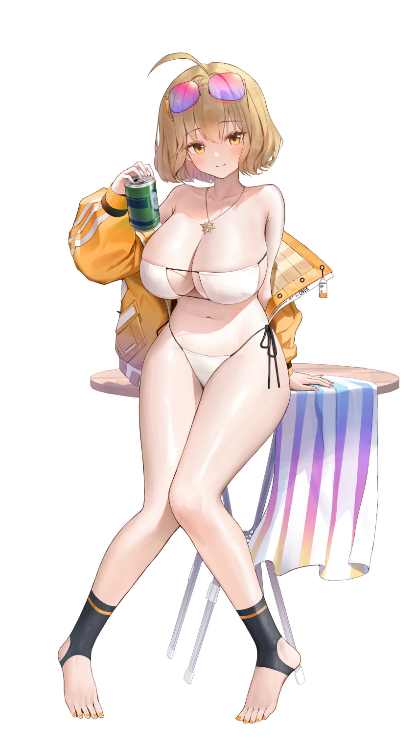 1girl absurdres ahoge anis_(nikke) anis_(sparkling_summer)_(nikke) aviator_sunglasses bikini breasts brown_eyes brown_hair can cleavage commentary drink_can eyepatch_bikini eyewear_on_head full_body goddess_of_victory:_nikke highleg highleg_bikini highres holding holding_can jacket jewelry large_breasts nail_polish necklace off_shoulder official_alternate_costume on_table open_clothes open_jacket pink-tinted_eyewear short_hair side-tie_bikini_bottom soda_can star_(symbol) star_necklace stirrup_legwear sunglasses swimsuit table tinted_eyewear toeless_legwear white_background white_bikini wooden_table yarn_(yarn_03) yellow_jacket