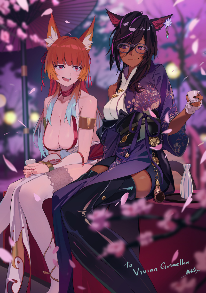 2girls absurdres animal_ears armlet bandaged_hand bandages black_hair boots bracelet breasts cat_ears cat_tail cherry_blossoms choker cleavage dark-skinned_female dark_skin facial_mark final_fantasy final_fantasy_xiv glasses hair_between_eyes highres ibaraki_shun japanese_clothes jewelry kimono large_breasts long_hair miqo'te multicolored_hair multiple_girls obi oil-paper_umbrella pelvic_curtain petals purple_hair red_choker red_eyes red_hair sash sitting streaked_hair tail thigh_boots umbrella warrior_of_light_(ff14) whisker_markings white_hair wind