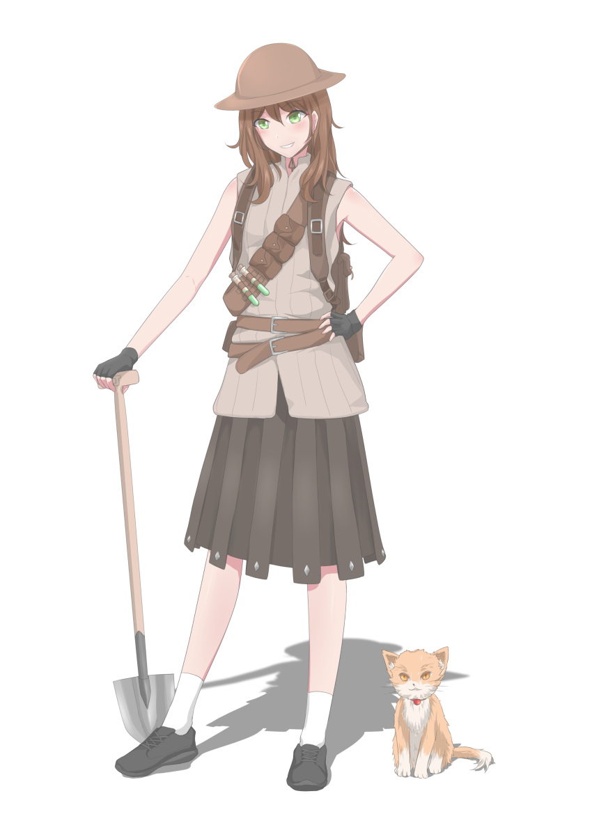 1girl absurdres animal artist_request backpack bag belt black_footwear black_gloves blush broccoli_bunch brown_bag brown_belt brown_hair brown_headwear brown_skirt cat cinnamon_bun fingerless_gloves gloves green_eyes grin hand_on_own_hip hat highres holding holding_shovel orange_(cinnamon_bun) orange_fur second-party_source shadow shoes shovel simple_background skirt sleeveless smile socks solo standing vial white_background white_fur white_socks