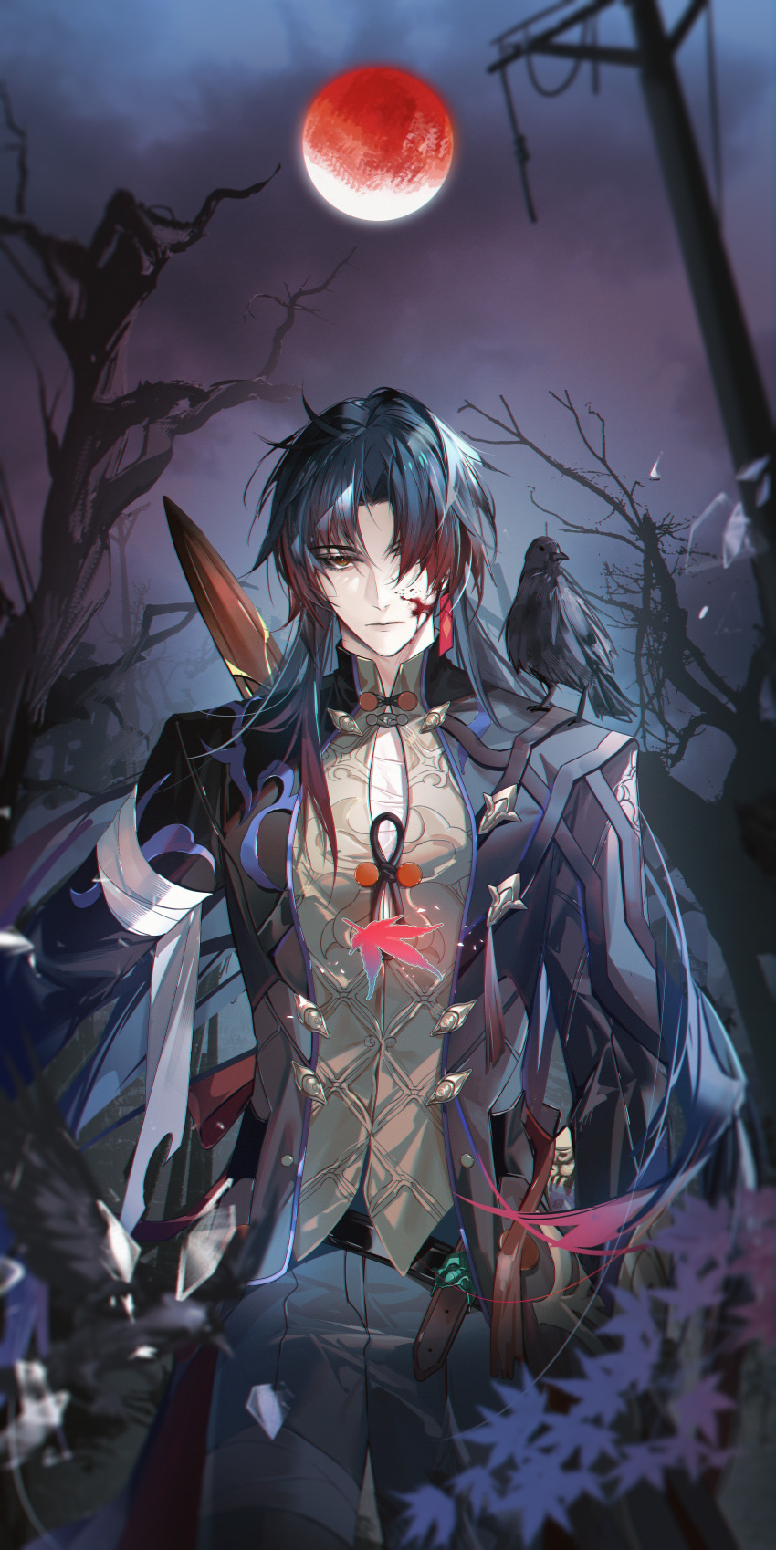 1boy absurdres animal_on_shoulder bandaged_arm bandaged_chest bandages bare_tree belt bird bird_on_shoulder black_jacket blade_(honkai:_star_rail) blood blood_on_face blue_hair brown_belt button_gap closed_mouth colored_tips cowboy_shot crow dark_blue_hair expressionless falling_leaves glass_shards grey_pants hair_over_one_eye highres holding holding_sword holding_weapon honkai:_star_rail honkai_(series) jacket jiuchuansi leaf long_hair long_sleeves male_focus maple_leaf moon multicolored_clothes multicolored_hair multicolored_jacket night outstretched_arm pants parted_bangs red_eyes red_hair red_moon reverse_grip solo standing sword tree two-tone_jacket weapon weapon_on_back yellow_jacket