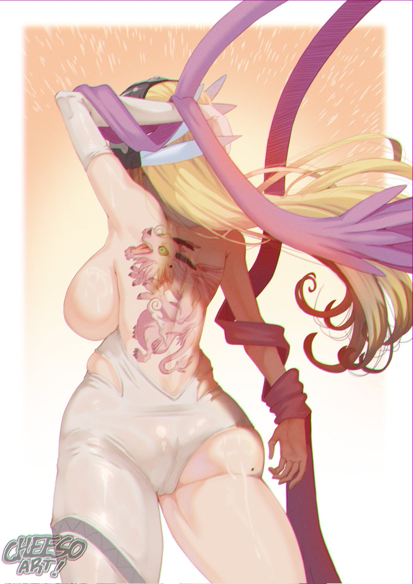 1girl angel_wings angewomon arm_behind_back arm_up artist_name ass ass_focus back_tattoo blonde_hair breasts cheeso_art cowboy_shot digimon digimon_(creature) elbow_gloves from_behind gloves helmet highres holydramon large_breasts leotard long_hair mole mole_on_ass multiple_wings solo standing tattoo thighs watermark white_leotard winged_helmet wings wrist_wings