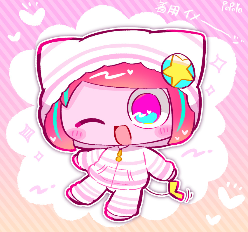 1girl alternate_costume animal_hood aqua_hair artist_name chibi chibi_only colored_skin hairpods hood hood_up hoodie long_sleeves multicolored_hair no_eyebrows no_pupils one_eye_closed open_mouth pants pepoyo pink_eyes pink_hair pink_hoodie pink_pants pink_skin poyoroid short_hair simple_background smile solo streaked_hair striped_clothes striped_hoodie striped_pants tail utau white_hoodie white_pants yellow_tail