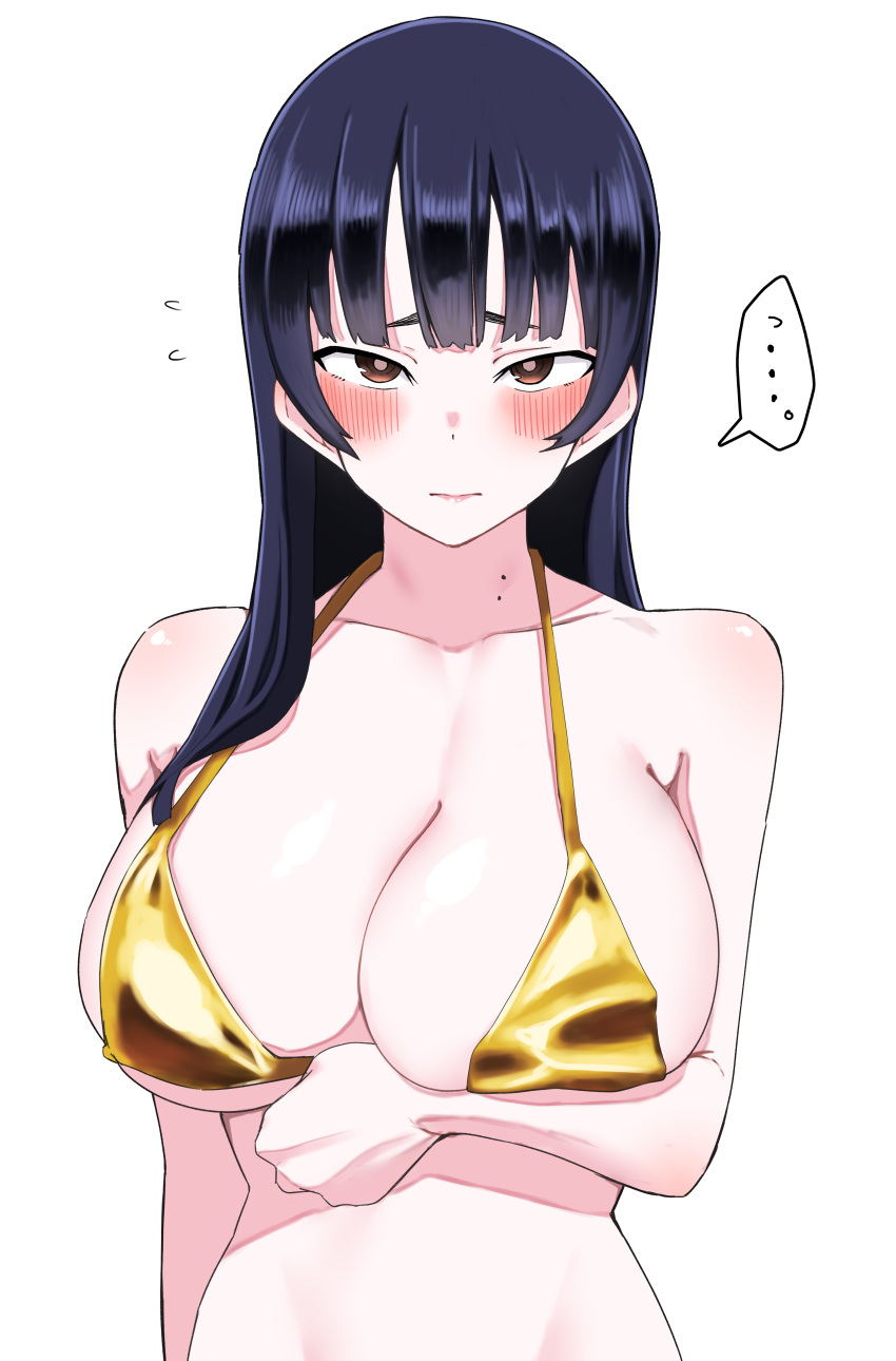 ... 1girl absurdres bikini black_hair blush boku_no_kokoro_no_yabai_yatsu breasts brown_eyes flying_sweatdrops gold_bikini highres large_breasts long_hair looking_at_viewer mole mole_on_neck shita_(yagisauce_07) simple_background solo speech_bubble swimsuit white_background yamada_anna