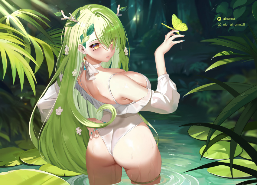 1girl absurdres blush breasts ceres_fauna flower forest green_hair green_nails hair_flower hair_ornament highres hololive hololive_english horns jewelry large_breasts long_hair looking_at_viewer mole mole_under_eye nature oioi_ainomo solo tree_horns virtual_youtuber yellow_eyes