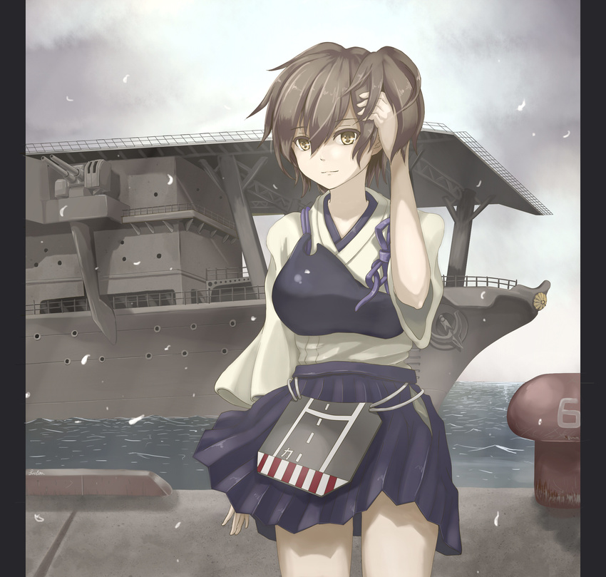 aa_gun aircraft_carrier blouse bollard brown_hair cherry_blossoms fiction_(forged) highres japanese_clothes kaga_(aircraft_carrier) kaga_(kantai_collection) kantai_collection military military_vehicle muneate object_namesake petals pillarboxed revision ship shipyard short_hair side_ponytail skirt smile solo warship water watercraft