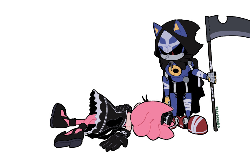 1boy 1girl alternate_costume amy_rose black_gloves black_sclera colored_sclera commentary cosplay death_(entity) english_commentary family_guy family_guy_death_pose_(meme) fravoccado gloves grim_reaper grim_reaper_(cosplay) halloween_costume hat highres looking_down meme metal_sonic on_ground red_eyes simple_background sonic_(series) white_background