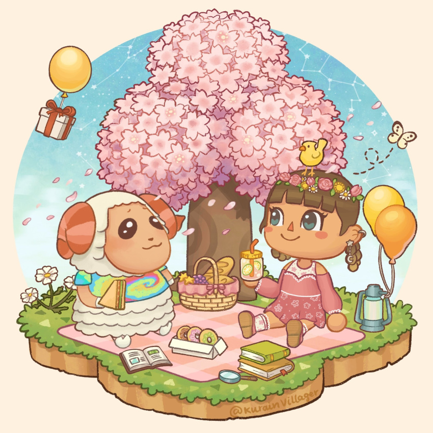 1boy 1girl :3 animal_crossing animal_on_head aqua_eyes artist_name baguette balloon basket bird bird_on_head black_eyes blanket blue_sky blunt_bangs blush blush_stickers book book_stack bookmark box braid braided_hair_rings bread brown_hair bug butterfly cherry_blossoms closed_mouth cloud commentary constellation crescent crescent_earrings cup curled_horns detached_sleeves dom_(animal_crossing) doughnut dress drink drinking_straw ear_piercing earrings english_commentary eyelashes falling_petals floral_print flower flower_wreath food fruit furry furry_male gift gift_box grapes grass hand_up head_wreath highres holding holding_cup holding_drink holding_food horns jewelry kerosene_lamp kurain_villager lime_(fruit) lime_slice long_sleeves looking_at_another magnifying_glass multicolored_shirt on_head open_book pastry_box petals picnic picnic_basket piercing pink_dress pink_flower pink_footwear pink_horns pink_sleeves print_dress print_socks sandwich sheep_boy shirt shoes short_sleeves sky sleeveless sleeveless_dress smile socks star_(symbol) star_earrings t-shirt taurus_(constellation) tie-dye tree twin_braids twitter_username villager_(animal_crossing) white_butterfly white_flower white_socks yellow_flower