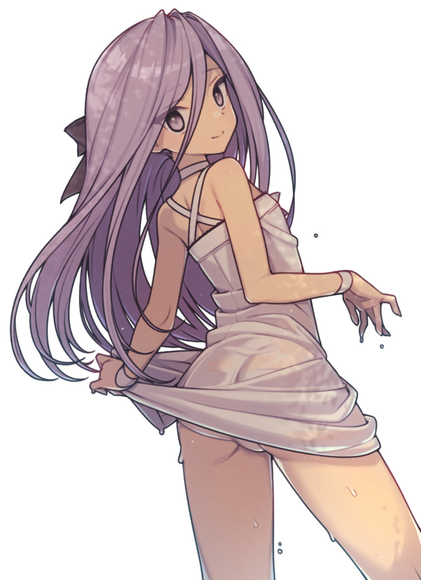 1girl ass black_ribbon choker clothes_lift commentary cowboy_shot dress dress_lift everyntrge flat_chest from_behind hair_between_eyes hair_ribbon highres lifted_by_self long_hair looking_at_viewer looking_to_the_side median_furrow original panties purple_eyes purple_hair ribbon see-through simple_background smile solo underwear wet white_background white_choker white_dress white_panties