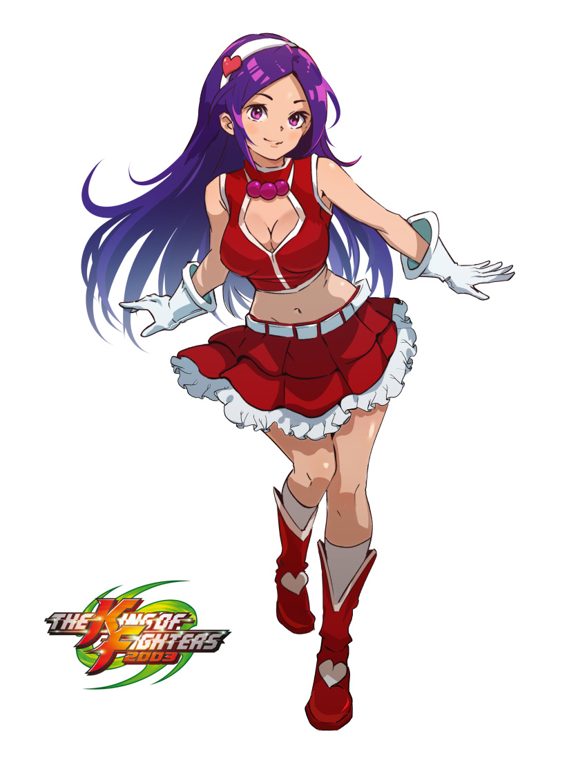 1girl absurdres asamiya_athena bad_link boots clothing_cutout deyouron hair_ornament hairband heart heart_cutout heart_hair_ornament highres jewelry knee_boots light_smile navel necklace pearl_necklace psycho_soldier purple_eyes purple_hair red_footwear red_skirt skirt snk solo the_king_of_fighters the_king_of_fighters_2003 white_background white_hairband