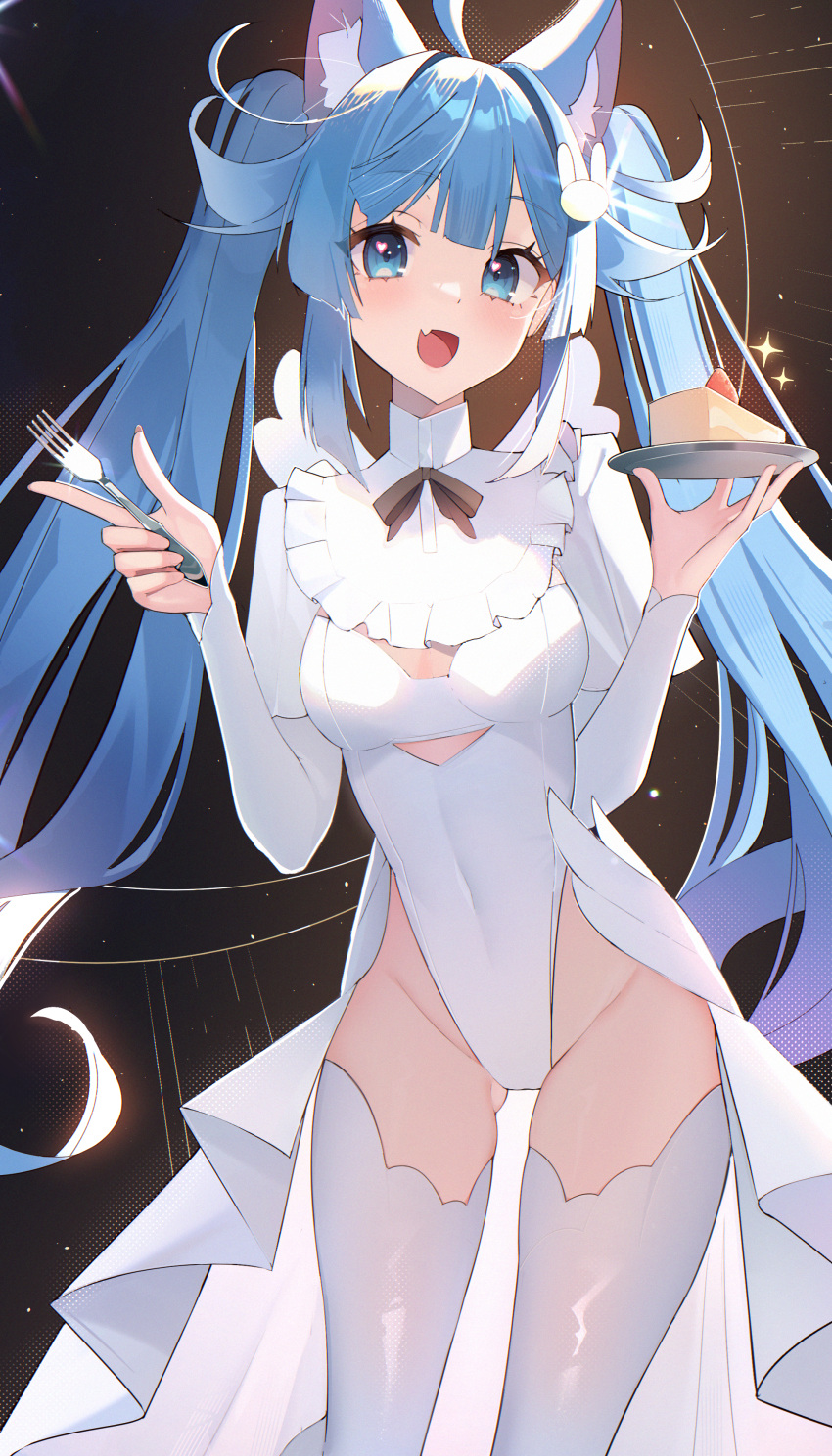 1girl :d absurdres ahoge animal_ear_fluff animal_ears ass_visible_through_thighs blue_eyes blue_hair breasts cake cat_ears covered_navel fang food fork hair_intakes hair_ornament heart heart_in_eye highleg highleg_leotard highres holding holding_fork indie_virtual_youtuber leotard light_blue_hair long_hair long_sleeves looking_at_viewer medium_breasts open_mouth owlielowi rabbit_hair_ornament reiko_lape showgirl_skirt skin_fang smile solo sparkle symbol_in_eye thighhighs twintails very_long_hair virtual_youtuber white_leotard white_thighhighs