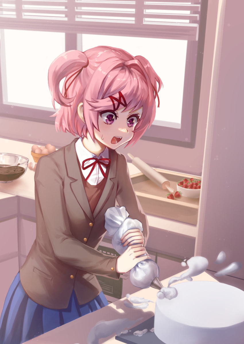 1girl :d baking blazer blue_skirt bob_cut bow bowl bowtie breasts brown_jacket brown_sweater_vest cake chocolate_icing collared_shirt commentary counter cowboy_shot doki_doki_literature_club dress_shirt egg fang food fruit glass_bowl hair_ornament hair_ribbon highres icing indoors jacket kitchen looking_at_object messy mutchang043 natsuki_(doki_doki_literature_club) neck_ribbon open_mouth oven pink_eyes pink_hair pleated_skirt red_bow red_bowtie red_ribbon ribbon rolling_pin school_uniform shirt short_hair skirt small_breasts smile solo splashing strawberry sweatdrop sweater_vest two_side_up white_shirt window window_blinds x_hair_ornament