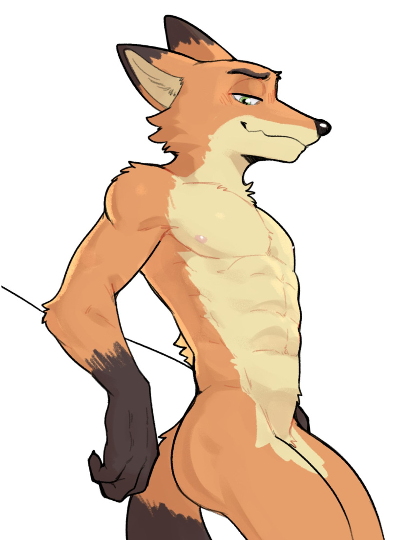 2024 abs anthro bedroom_eyes canid canine claws disney eyebrows fox fur hi_res jrjresq looking_at_viewer male mammal muscular muscular_anthro muscular_male narrowed_eyes nick_wilde nipples nude pecs seductive simple_background smile solo standing tuft white_background zootopia