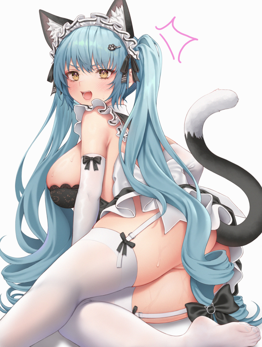 1girl absurdres animal_ears ass bare_shoulders blue_hair bow breasts cat_ears cat_tail censored convenient_censoring elbow_gloves feet frills garter_straps gloves goddess_of_victory:_nikke hair_bow hair_censor hair_ribbon highres lace_trim large_breasts light_blue_hair long_hair looking_at_viewer mosaic_censoring no_panties no_shoes official_alternate_costume open_mouth privaty_(nikke) privaty_(unkind_maid)_(nikke) pussy ribbon sideboob sidelocks simple_background sitting skindentation sleeveless smile solo sweat tail tail_raised thighhighs toes twintails v-shaped_eyebrows very_long_hair white_background white_gloves white_thighhighs yellow_eyes yokozuwari zhaofeng_yinyue