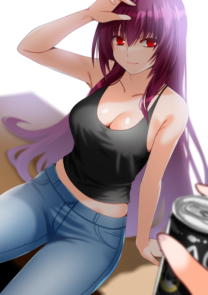 1girl 1other alternate_costume bare_shoulders black_shirt blue_pants breasts can casual cleavage closed_mouth collarbone commentary_request contemporary denim engo_(aquawatery) fate/grand_order fate_(series) hair_between_eyes highres holding holding_can jeans large_breasts lips long_hair looking_at_viewer out_of_frame pants pink_lips pov pov_hands purple_hair red_eyes scathach_(fate) shirt sitting sleeveless sleeveless_shirt smile