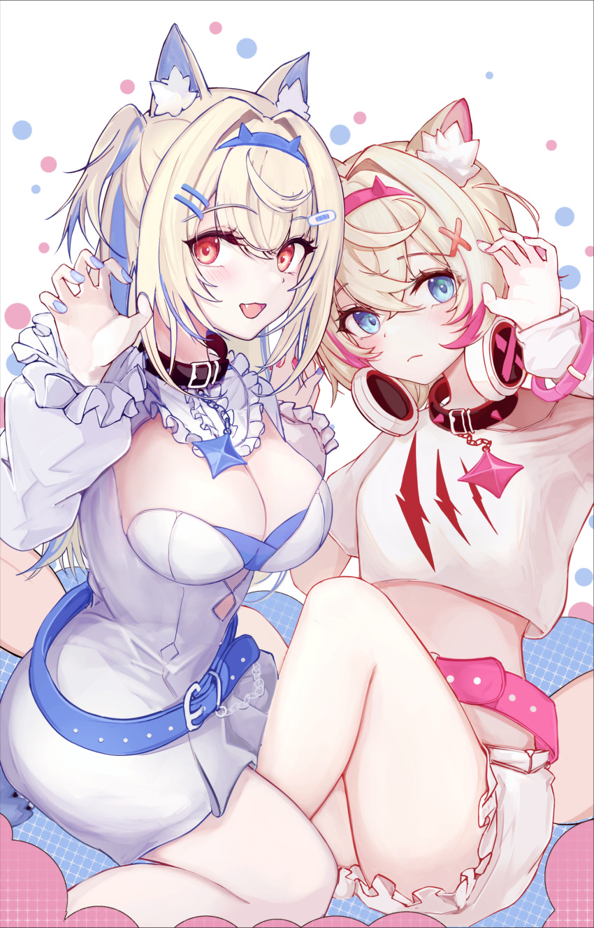 2girls absurdres animal_ear_fluff animal_ears asaikeu bandaid bandaid_hair_ornament belt belt_collar black_collar blonde_hair blue_belt blue_eyes blue_hair blue_nails blush breasts cleavage cleavage_cutout clothing_cutout collar cropped_shirt dog_ears dog_girl dog_tail dress fang frilled_shorts frills fuwawa_abyssgard fuwawa_abyssgard_(1st_costume) hair_ornament hairpin headphones headphones_around_neck highres hololive hololive_english large_breasts long_hair looking_at_viewer mococo_abyssgard mococo_abyssgard_(1st_costume) multicolored_hair multiple_girls nail_polish open_mouth pink_belt pink_eyes pink_hair shirt short_dress short_shorts shorts siblings sisters smile spiked_collar spikes streaked_hair tail twins very_long_hair white_dress white_shirt x_hair_ornament