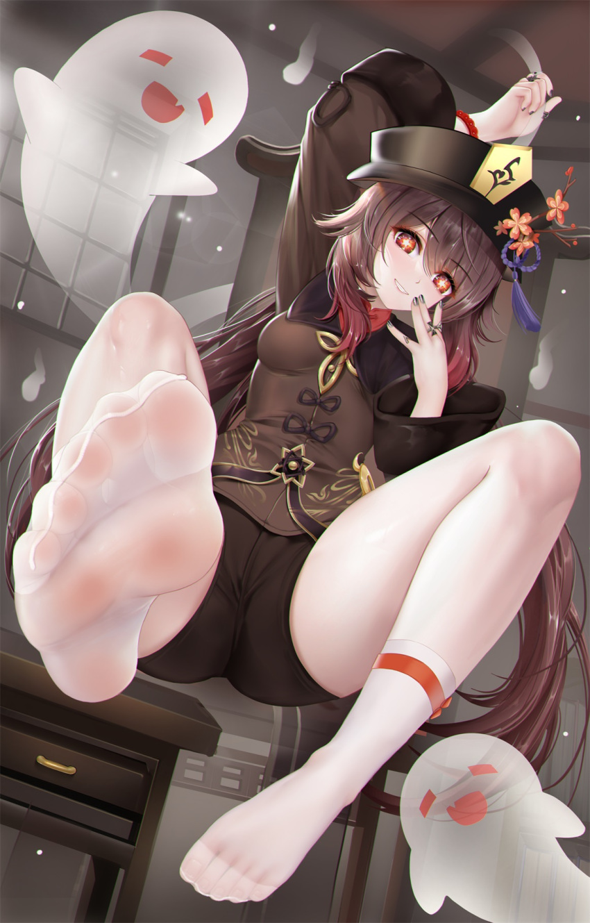 1girl arm_up black_headwear black_nails blue_ribbon blush boo_tao_(genshin_impact) brown_eyes brown_hair bug butterfly closed_mouth commentary_request feet flower foot_focus genshin_impact ghost grey_panties hair_ribbon hat hat_flower highres hu_tao_(genshin_impact) jewelry kamue legs long_hair no_shoes panties red_flower ribbon ring sitting smile soles solo spread_legs spread_toes symbol-shaped_pupils thighhighs toes underwear white_thighhighs