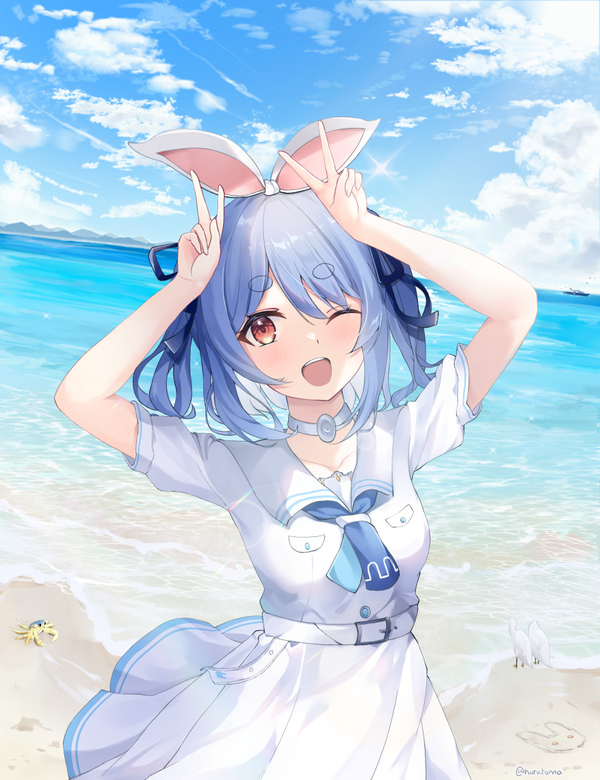 1girl ;d absurdres animal_ears beach belt bird blue_hair blue_neckerchief blue_ribbon blue_sky choker cloud cloudy_sky collarbone crab day double_v dress hair_ribbon harukix highres hololive horizon looking_at_viewer mountainous_horizon neckerchief ocean official_alternate_costume one_eye_closed open_mouth orange_eyes outdoors puffy_short_sleeves puffy_sleeves rabbit_ears rabbit_girl rabbit_pose ribbon sailor_dress seagull ship short_hair short_sleeves sidelocks sky smile teeth thick_eyebrows twintails upper_teeth_only usada_pekora usada_pekora_(casual) v virtual_youtuber water watercraft white_belt white_choker white_dress