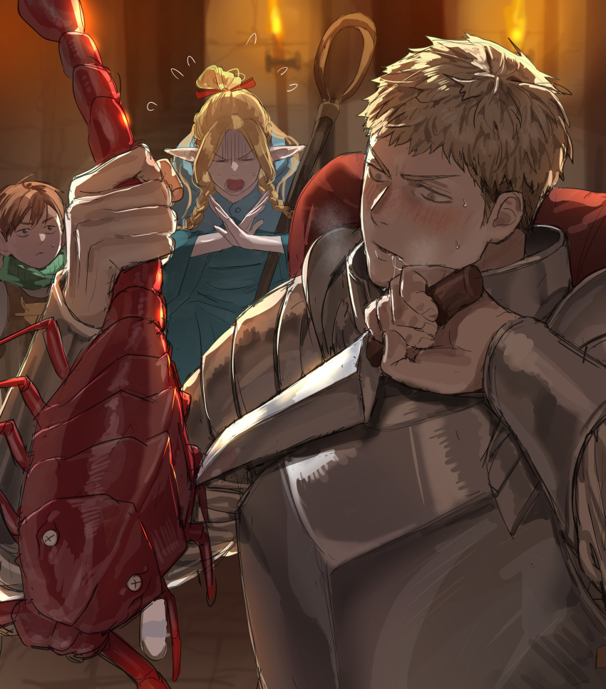 1girl 2boys absurdres animal armor blonde_hair blue_capelet blue_robe blush braid breastplate brown_hair capelet chamuring chilchuck_tims closed_eyes dungeon_meshi green_scarf hair_bun highres holding holding_animal holding_knife knife laios_thorden long_hair long_sleeves marcille_donato multiple_boys open_mouth pauldrons plate_armor robe saliva scarf short_hair shoulder_armor sweatdrop twin_braids upper_body v-shaped_eyebrows