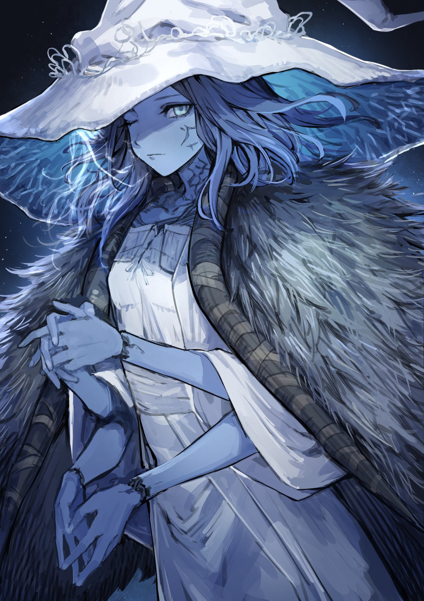 1girl blue_eyes blue_hair blue_skin breasts cloak colored_skin cracked_skin doll_joints dress elden_ring extra_arms fur_cloak glowing_tattoo hat hat_ornament highres joints large_hat long_hair looking_at_viewer mephisto_(angraecum) one_eye_closed parted_bangs ranni_the_witch revision solo white_dress white_headwear witch witch_hat