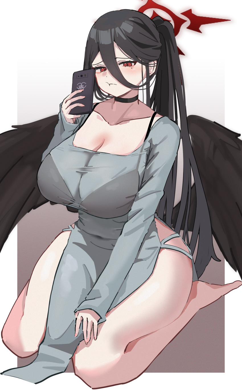 1girl :t absurdres alternate_costume bare_legs barefoot black_bra black_choker black_hair black_wings blue_archive bra bra_strap breasts cellphone choker cleavage collarbone dress feathered_wings fingernails gradient_background grey_dress halo hasumi_(blue_archive) highres holding holding_phone huge_breasts long_hair long_hair_between_eyes mole mole_under_eye pelvic_curtain phone ponytail pout red_eyes red_halo seiza simple_background sitting solo underwear very_long_hair wings xvb259