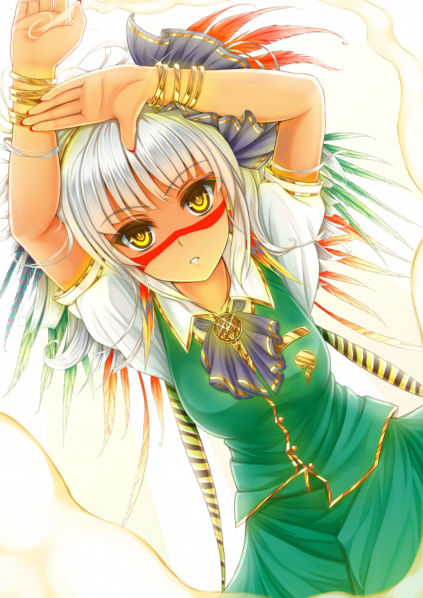 asatsuki_(cookie) ascot aztec cookie_(touhou) facepaint feathers hairband highres kitou_kaitai konpaku_youmu konpaku_youmu_(ghost) long_hair looking_at_viewer silver_hair solo tan touhou yellow_eyes