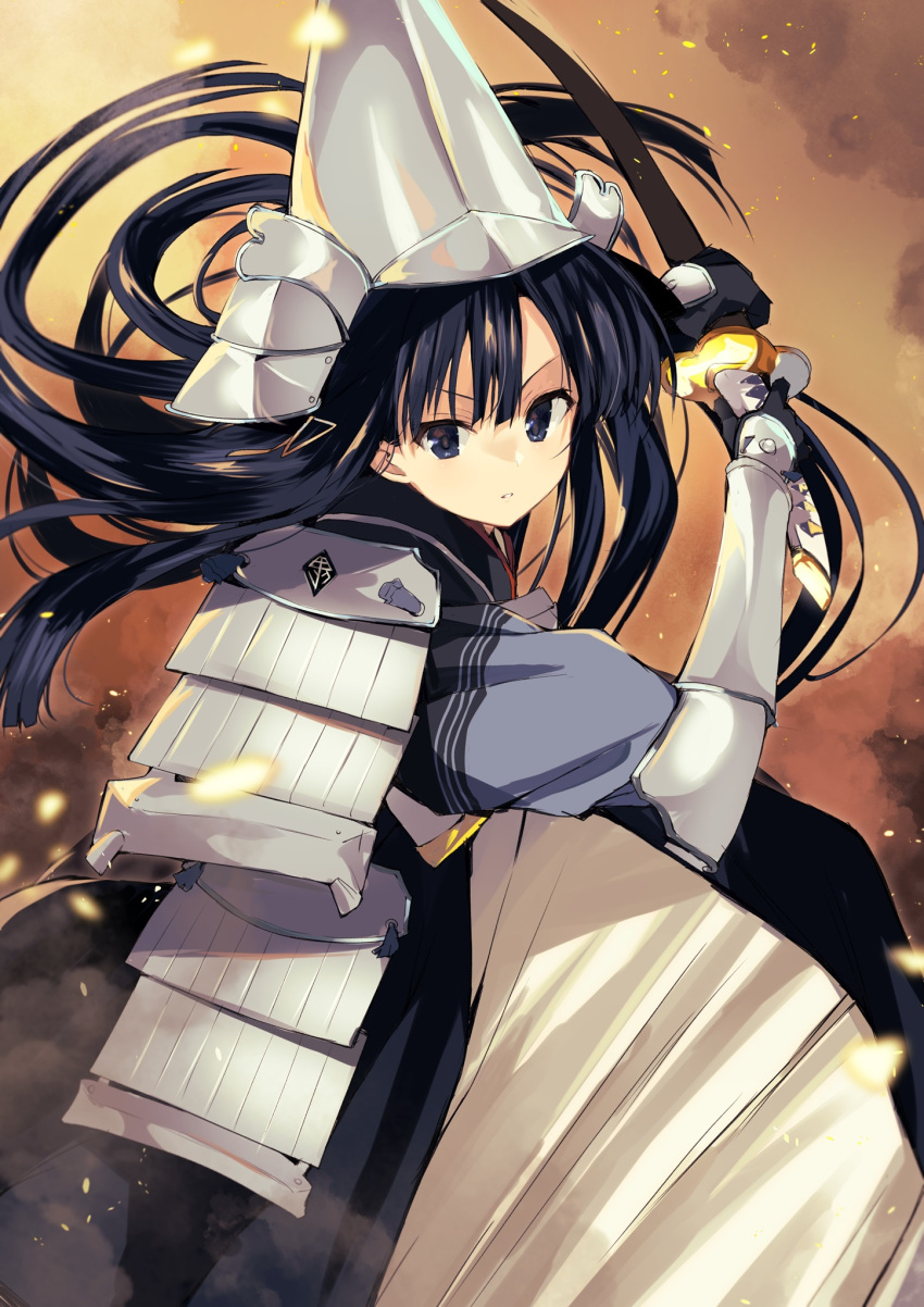 1girl armor black_eyes black_gloves black_hair dress gloves helmet highres holding holding_sword holding_weapon japanese_armor kabuto_(helmet) katana long_hair long_sleeves looking_at_viewer parted_lips rance_(series) saya_(scabbard) sengoku_rance shoulder_armor sode solo sword takepoison uesugi_kenshin_(rance) weapon white_dress white_headwear