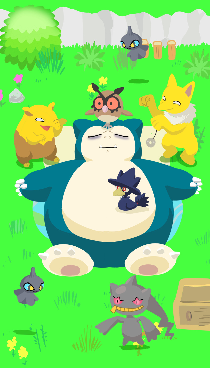 2023 absurd_res anthro banette big_head drowzee eye_bags eyes_closed featureless_feet feet fuanimals gameplay_mechanics generation_1_pokemon generation_2_pokemon generation_3_pokemon grass grin group hi_res hoothoot humanoid hypno_(pokemon) hypnosis looking_annoyed looking_at_another lying mind_control murkrow nintendo nude on_back open_mouth open_smile outside plant pokemon pokemon_(species) pokemon_sleep shuppet sleeping smile snorlax standing