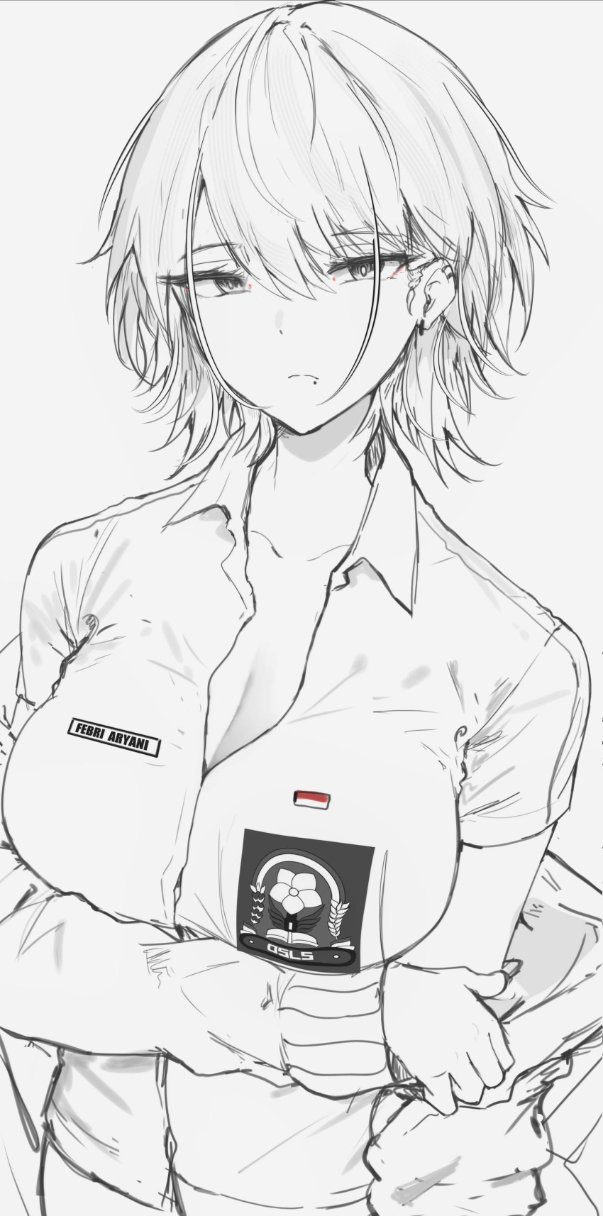 1girl absurdres breasts closed_mouth collarbone collared_shirt commentary ear_piercing highres holding_own_arm indonesian_commentary indonesian_flag indonesian_high_school_uniform jacket large_breasts long_sleeves looking_at_viewer mole mole_under_mouth original piercing school_uniform shirt short_hair short_sleeves sidelocks sketch solo upper_body vloodozer white_background