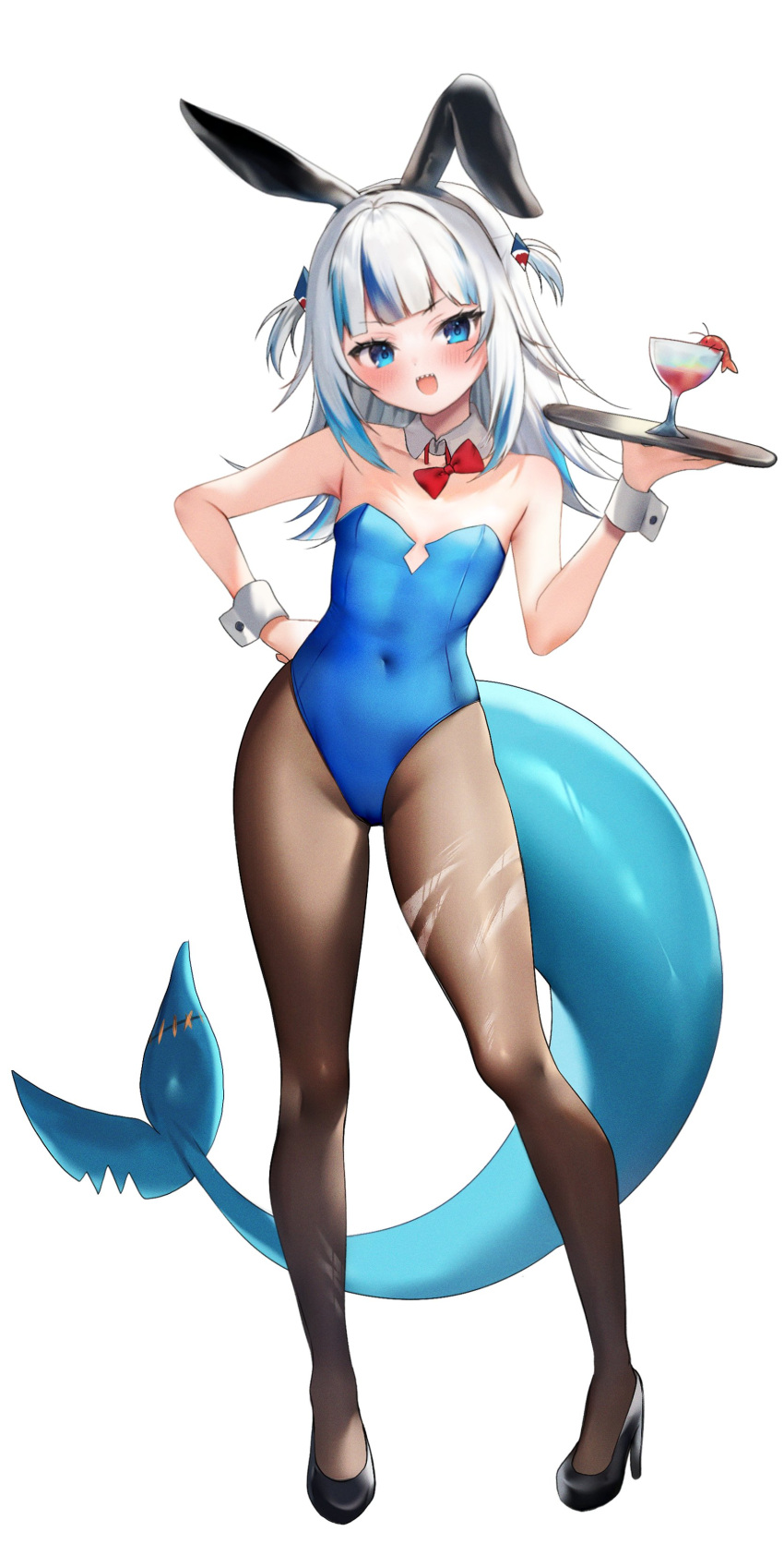 1girl absurdres animal_ears black_footwear black_pantyhose blue_eyes blue_hair blue_leotard bow bowtie contrapposto covered_navel cup detached_collar drinking_glass fake_animal_ears fins fish_tail flat_chest full_body gawr_gura hair_ornament hand_on_own_hip high_heels highres holding holding_tray hololive hololive_english leotard looking_at_viewer maru_ccy medium_hair multicolored_hair open_mouth pantyhose playboy_bunny rabbit_ears red_bow red_bowtie shark_hair_ornament shark_tail sharp_teeth smile solo standing strapless strapless_leotard streaked_hair tail teeth torn_clothes torn_pantyhose tray two_side_up undone_bowtie virtual_youtuber white_hair white_wrist_cuffs wrist_cuffs