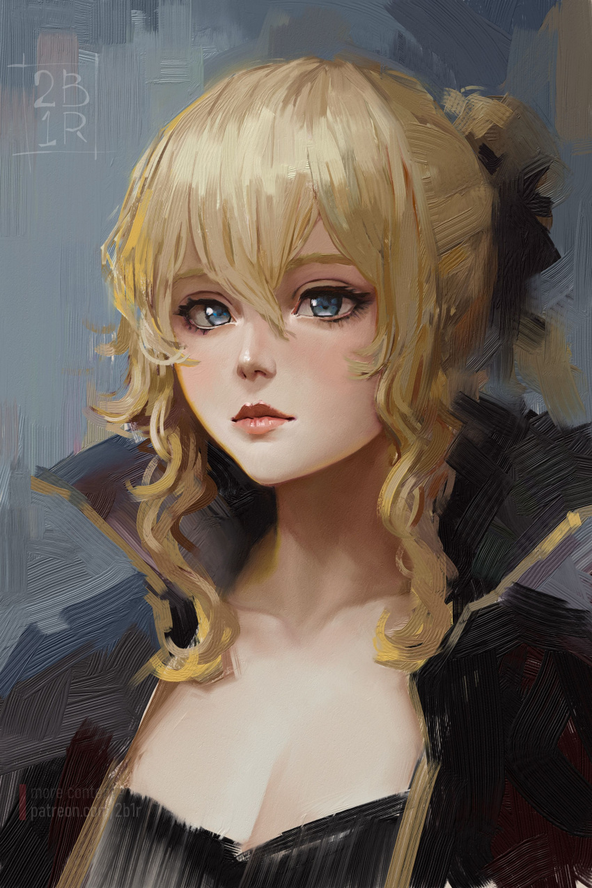 1girl absurdres artist_name black_jacket blonde_hair blue_background blush breasts cleavage collarbone expressionless faux_traditional_media genshin_impact hair_between_eyes highres jacket jean_(genshin_impact) looking_at_viewer medium_breasts nose portrait ravine_bells rebelle_(medium) solo