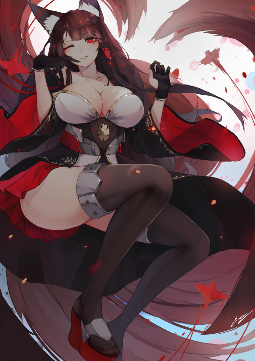 1girl absurdres akagi_(azur_lane) animal_ear_fluff animal_ears azur_lane bangs bare_shoulders black_gloves black_legwear breasts cleavage collarbone commentary english_commentary erospanda eyebrows_visible_through_hair fox_ears fox_tail gloves hair_over_shoulder highres japanese_clothes kimono kitsune large_breasts long_hair looking_at_viewer one_eye_closed red_eyes red_footwear red_skirt short_sleeves skirt smile solo tail thighhighs wide_sleeves