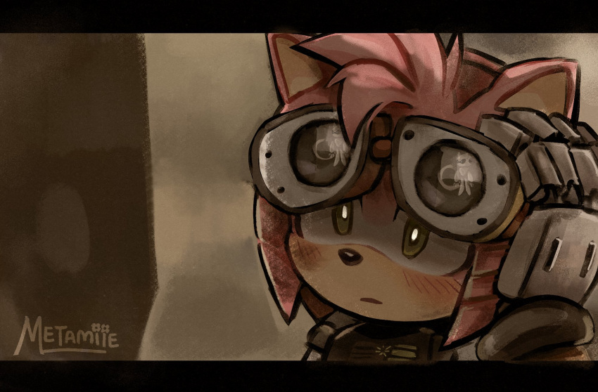 1girl amy_rose commentary cosplay english_commentary furry furry_female goggles green_eyes highres metamiie solo sonic_(series) upper_body wall-e wall-e_(character) wall-e_(character)_(cosplay)