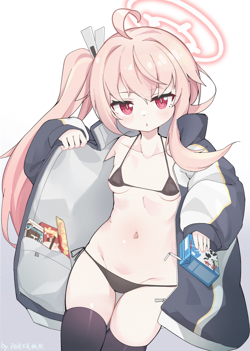 1girl absurdres ahoge bikini black_bikini black_thighhighs blue_archive blush breasts collarbone drink drinking_straw gradient_background groin halo highres holding holding_drink jacket long_hair long_sleeves looking_at_viewer milk_carton mofftarkin natsu_(blue_archive) navel open_clothes open_jacket parted_lips pink_hair pink_halo red_eyes side_ponytail small_breasts solo swimsuit thigh_gap thighhighs