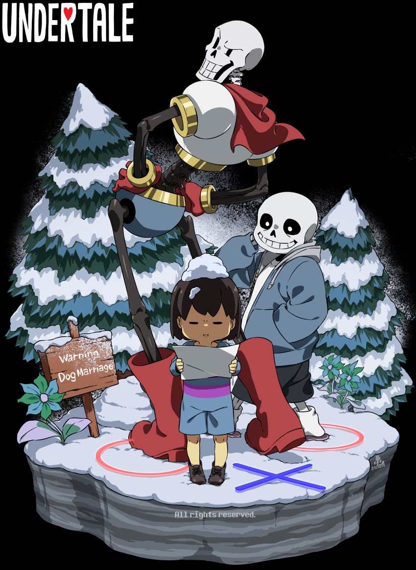 1other 2boys :i =_= absurdres androgynous arm_behind_head black_background black_sclera black_shorts blue_jacket boots brothers brown_footwear brown_hair cape cel_shading child closed_eyes colored_sclera commentary copyright_name drawstring flower frisk_(undertale) frown full_body gloves grin hand_in_pocket hands_on_own_hips highres holding holding_paper hood hood_down hooded_jacket jacket kamezaemon knee_boots looking_at_another male_focus multiple_boys outdoors paper papyrus_(undertale) pine_tree red_cape red_footwear red_gloves romper sans shoes short_hair shorts siblings signpost simple_background skeleton smile snow snow_on_head socks standing tree undertale white_eyes white_socks winter x