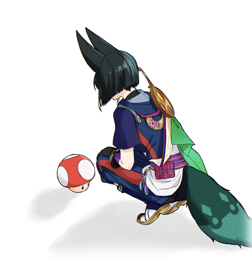 1boy animal_ears black_gloves black_hair black_shirt blue_footwear blue_pants blunt_ends boots cape capri_pants commentary facing_away flower fox_boy fox_ears fox_tail from_behind genshin_impact gloves green_cape green_hair highres hood hood_down hoodie looking_down male_focus mario_(series) multicolored_clothes multicolored_hair pants pink_flower pouch purple_sash rope sash shirt short_hair short_sleeves simple_background solo squatting streaked_hair super_mushroom symbol-only_commentary tail tassel tighnari_(genshin_impact) turtleneck vision_(genshin_impact) white_background wrist_cuffs yoneya_(ocome_otabe)